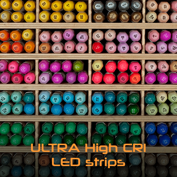 Image of a shelf with colorful markers appearing vivid due to ULTRA High CRI. A caption on the bottom reads "ULTRA High CRI LED strips."