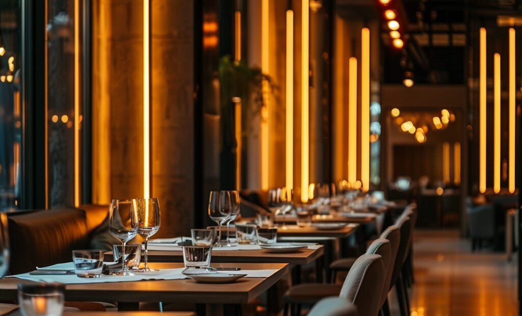 Photo of an upscale restaurant with a row of tables on the left hand side. Warm, dim LED accents are mounted vertically on the walls.